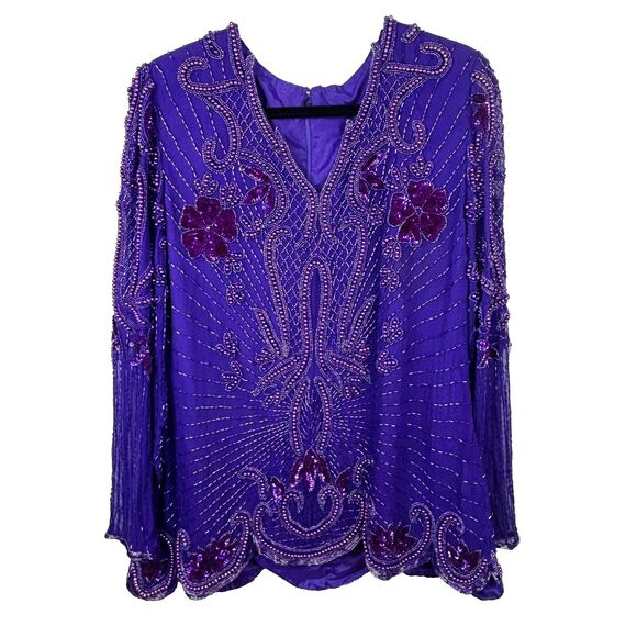 Sequins Originals Vintage Hand Beaded Sparkle 100% Silk Purple 80's Long Slv Top - Picture 1 of 16